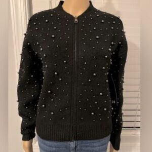 Broadway 38 Pearl Beaded Knit Bomber Sweater Jacket Black L NWT